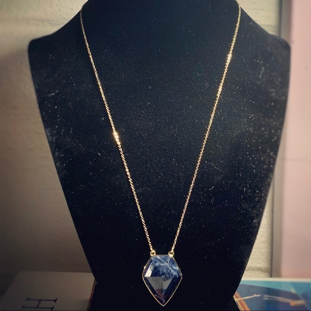 NEW Genuine Sodalite Gemstone Trapezoid Pendant Gold-Plated Necklace